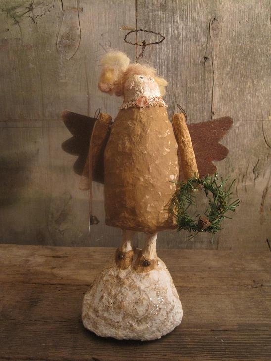 Primitive Handmade Celluclay Angel Rustic with Whimsical Hair