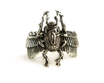 Egypt Scarab Ring Antique Silver Color Bronze Adjustable Ring Beetle Wrap Ring Boho Jewelry - FRI006 WB or SS