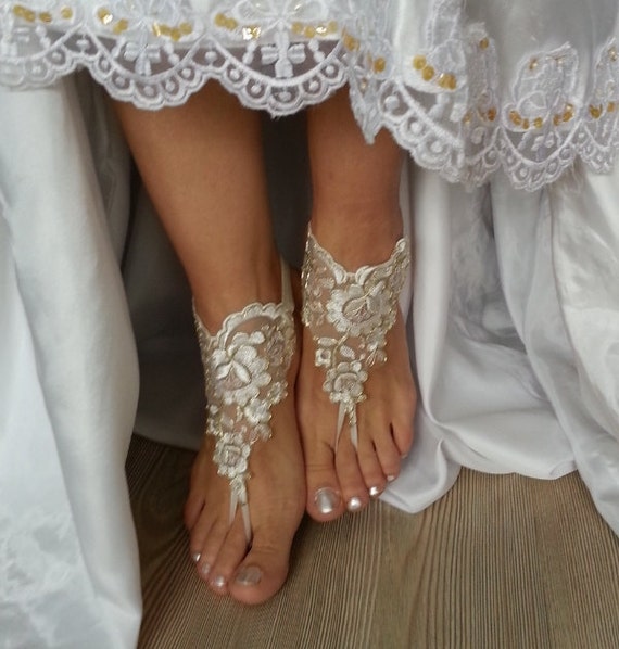 gold frame Beach wedding barefoot sandals, Ivory Barefoot Sandals ...