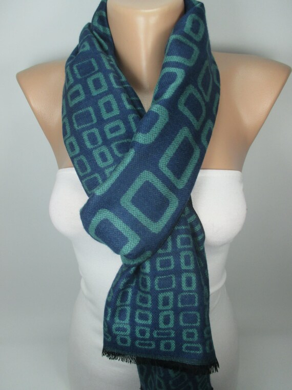Navy Blue Green Scarf Long Scarf DoubleSided Reversible Scarf