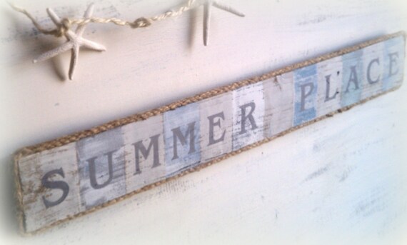 SUMMER PLACE Beach Sign Lake House, Cottage, Cabin Decor, Blue, Gray, Aqua, Khaki Wood Rope