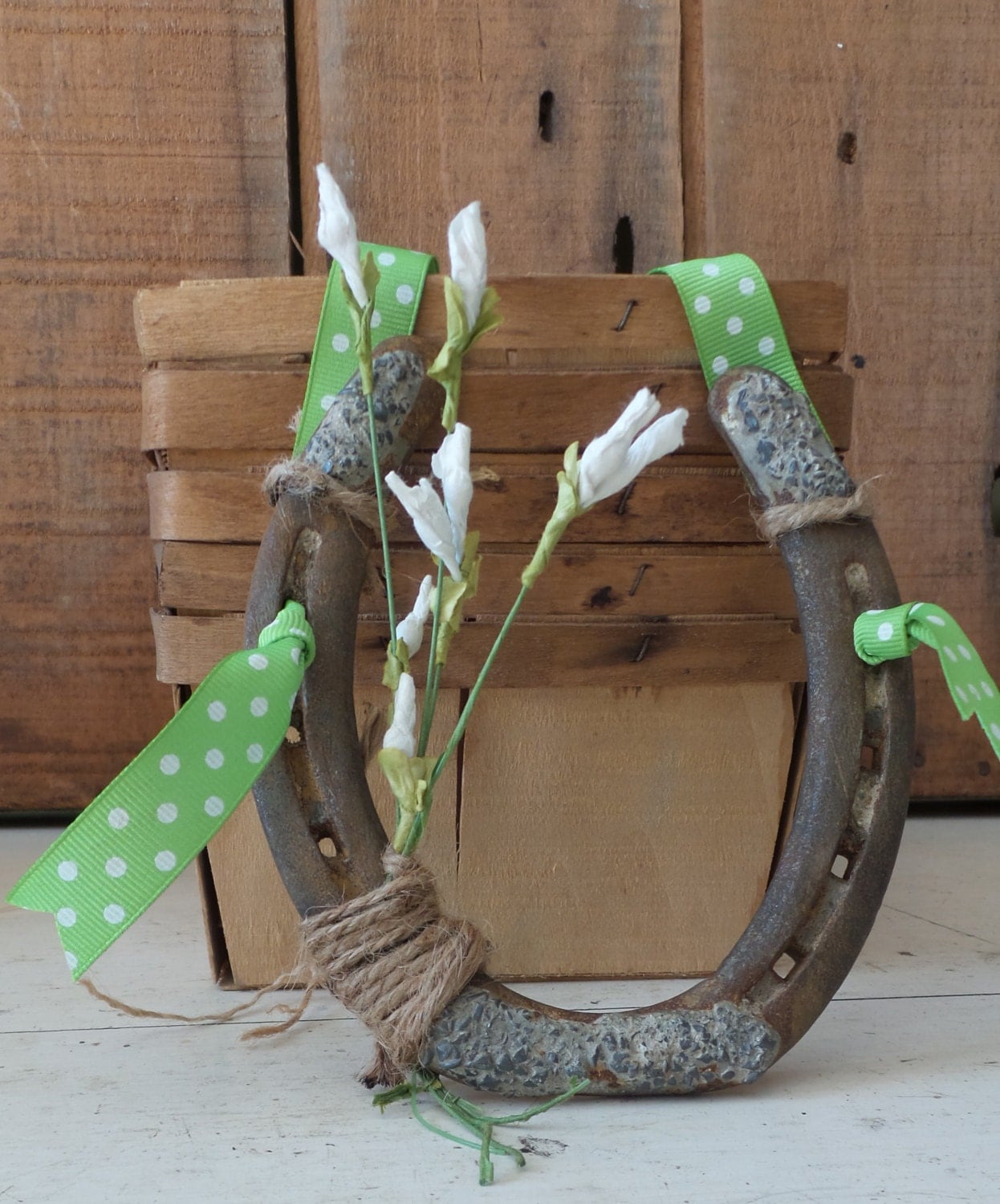 Hanging Horseshoe decor featuring white and green by BOLdesignsinc