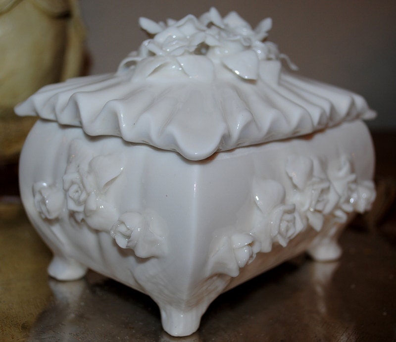 Antique Trinket Box Porcelain Bisque Box Adorned With