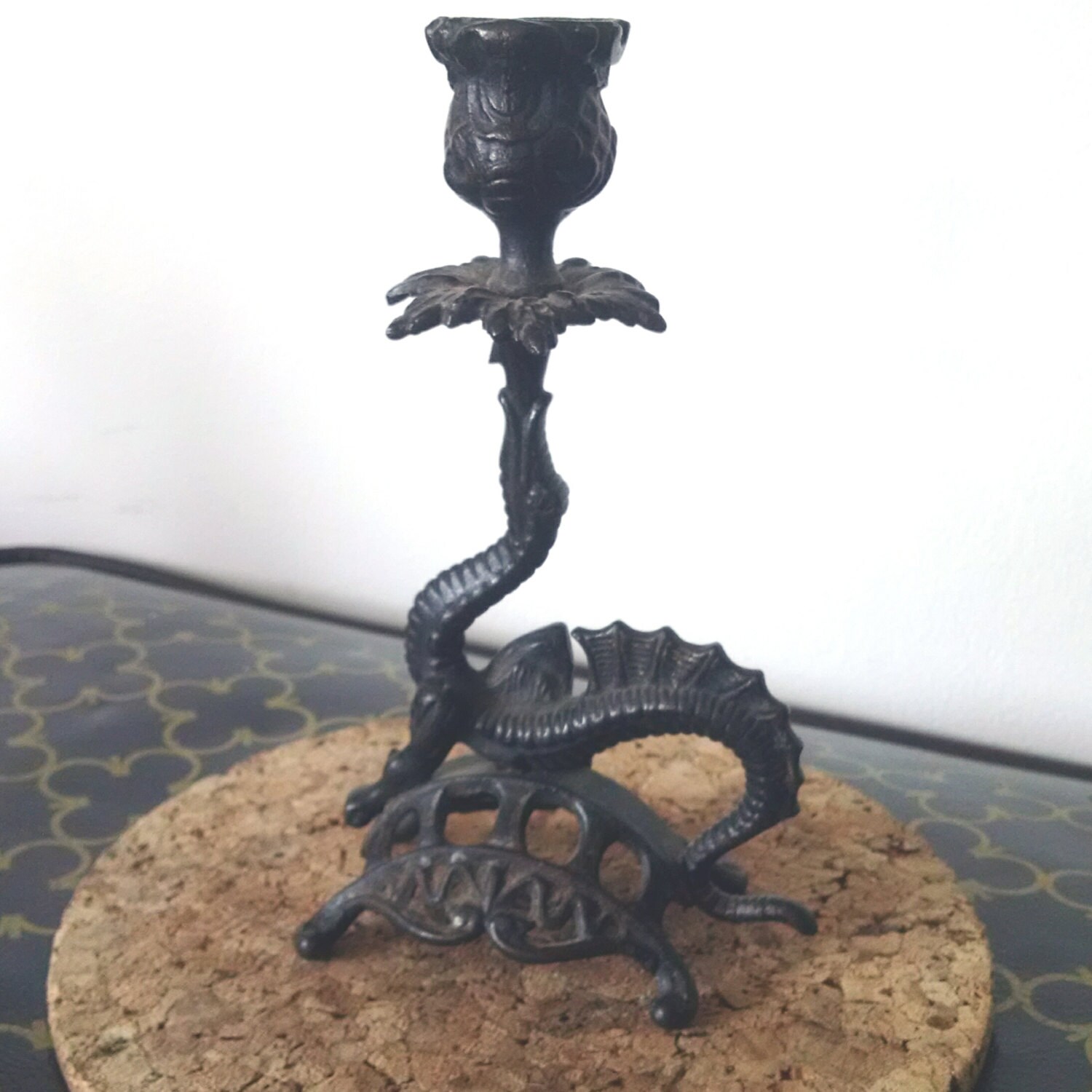 Antique Cast Iron Victorian Dragon Candle Holder Candlestick
