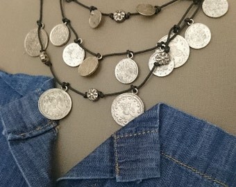 Vintage Design Antique Silver Coin Necklace,Chunky Necklace with