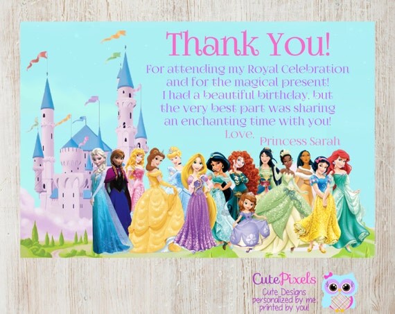 Disney Princess Thank You Card Princess Birthday by CutePixels