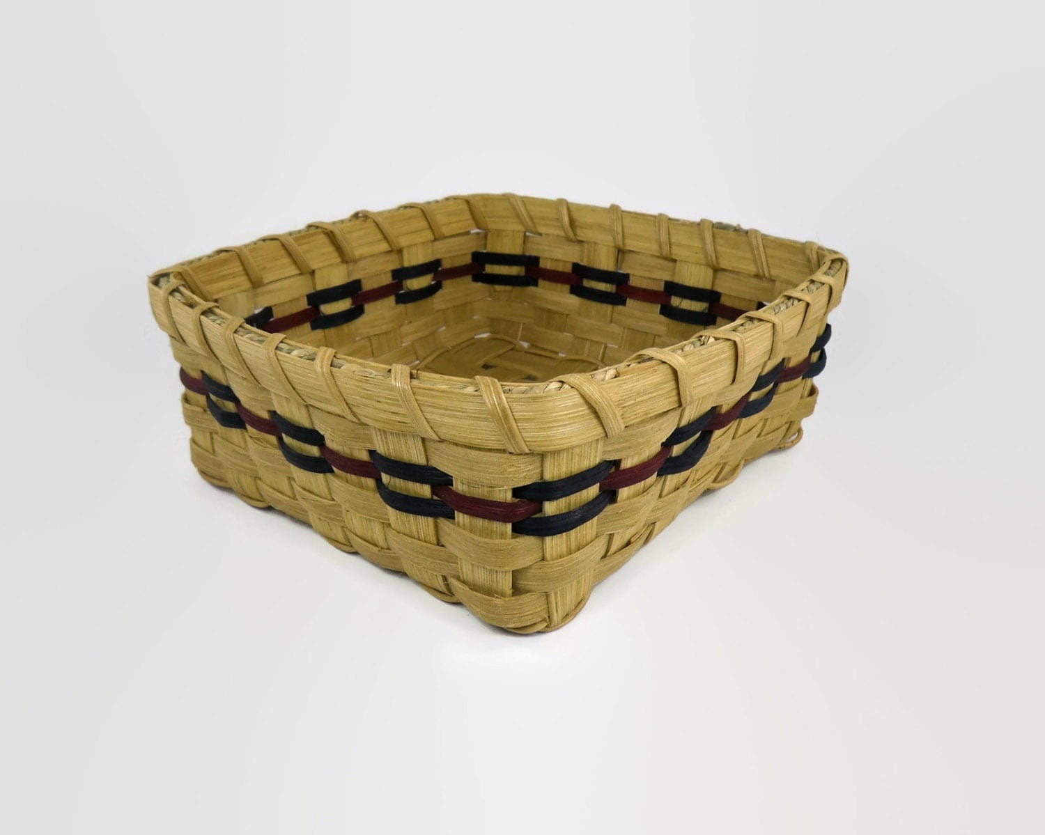 Napkin Holder Basket Handwoven Square Burgundy & Navy