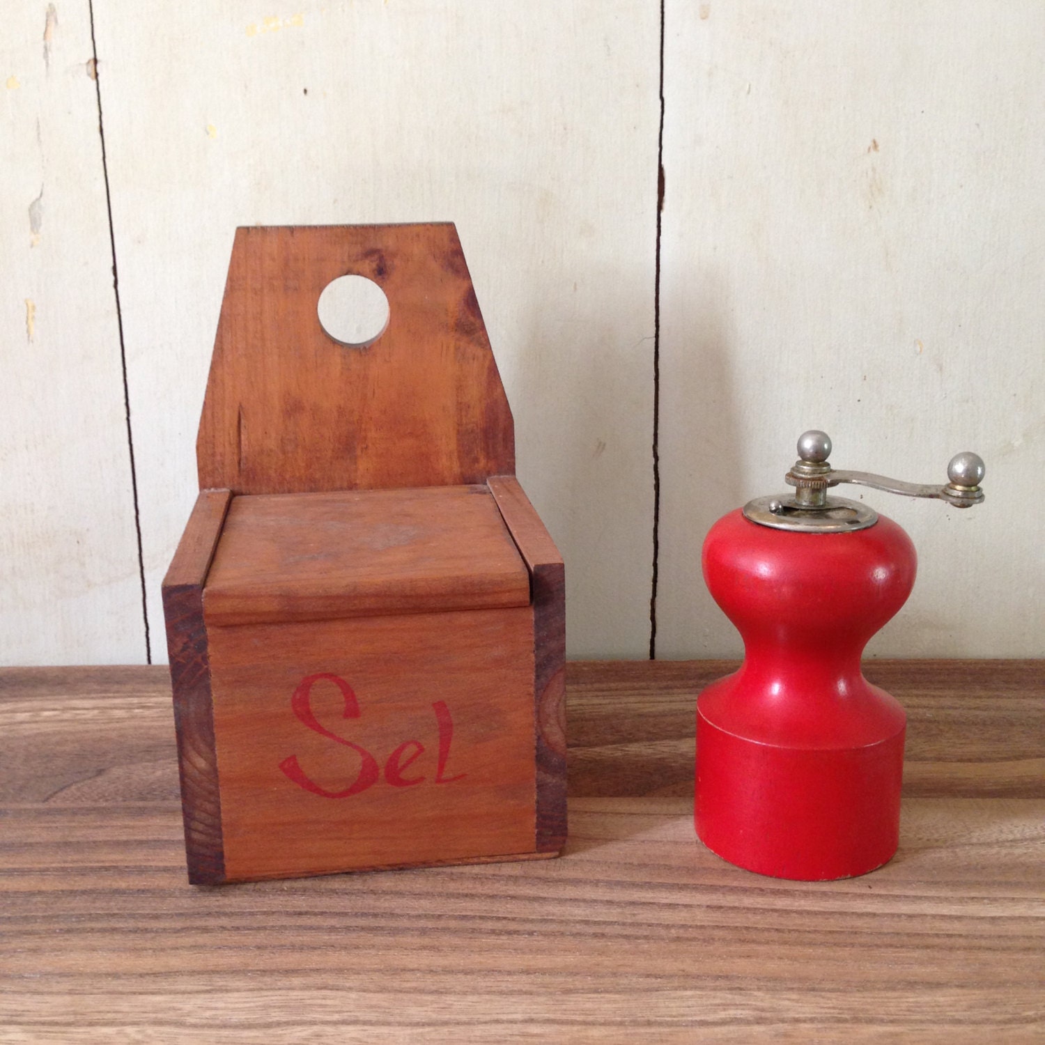 Antique French Wooden Hanging Salt Box & Matching Vintage
