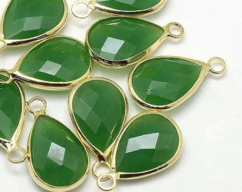 2 Faceted Glass Pendants, Jade Green Tear Drops with a Smooth Gold Plated Bezel