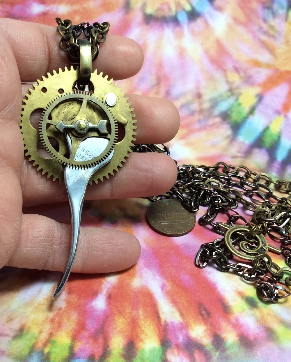 Steampunk handmade 1946 singer sewing machine lever & clock gears necklace    - Mechanical Romance -