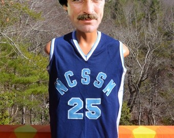 vintage 80s basketball jersey NCSSM high school 25 blue white stripe 70s Large Medium