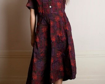 Vintage 1950s Dress - Jewel Tone Novelty Print Cotton Stained Glass Day Dress - Large XL