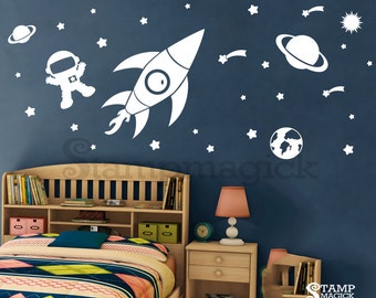 Outer Space Wall Decal - Rocket Vinyl Wall Decor -Children's Room Baby Boy Nursery - white or choose color - K150