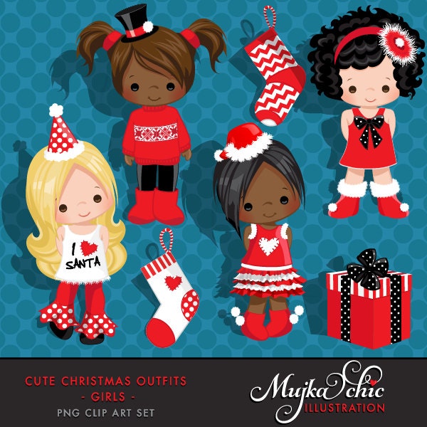 Cute Christmas Outfits for Girls Clipart Instant Download