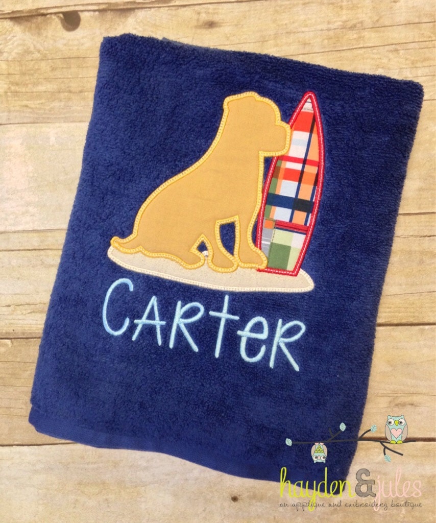 Monogrammed Beach Towel Surfing Dog Applique Bath Towel
