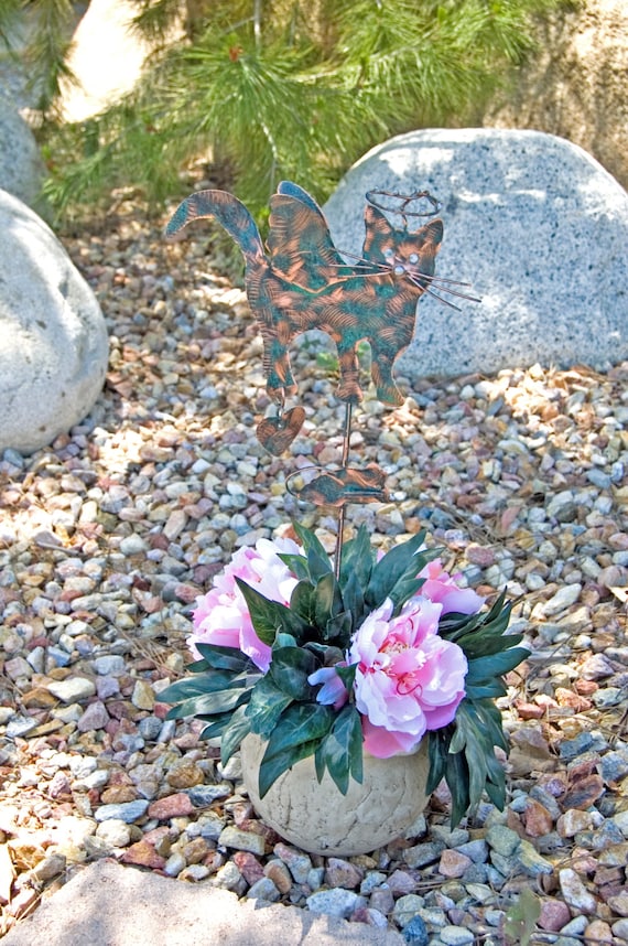 Cat Angel Pet Memorial Planter Pot Stake / Metal Garden Art / Copper