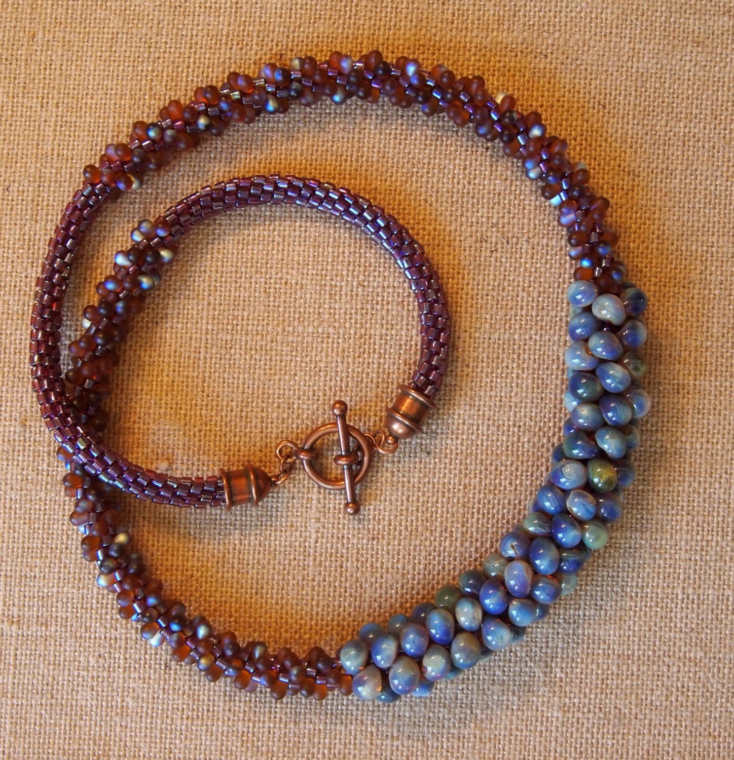 Blue and Raspberry Magic Beans Beaded Kumihimo Necklace