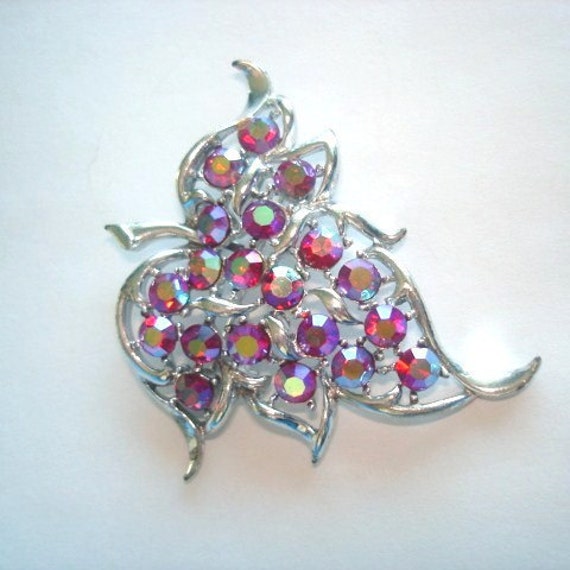 Vintage Jewelry Signed SAC AB Rhinestone Leaf Brooch Clip Earrings