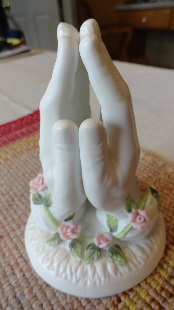 Vintage Praying Hands With Roses Figurine Parian Ceramic