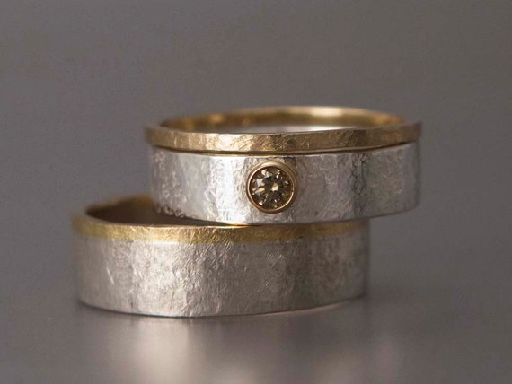 ... Silver, Mixed Metals Matched Wedding Band and Engagement Ring Set