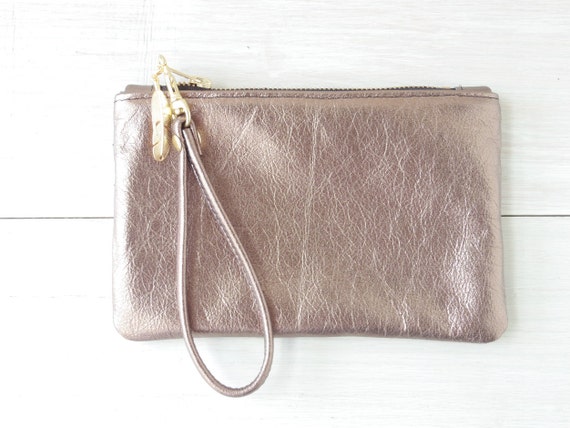 Dark gold leather clutch with strap, Everyday wristlet, Medium zip ...