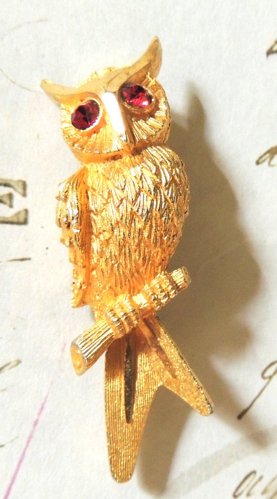 Owl Brooch Owl Pin Red Rhinestone Vintage Brooch by OodlesofBling