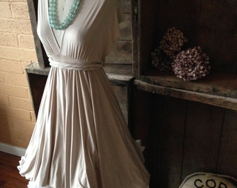 Trestles Champagne Sand Silky Satin Jersey-Octopus Convertible Wrap Short Dress- Bridesmaids, Wedding, Etc.