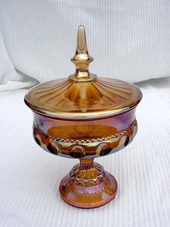 Amber Carnival Glass Stemmed Candy Dish Lidded Glass Carnival
