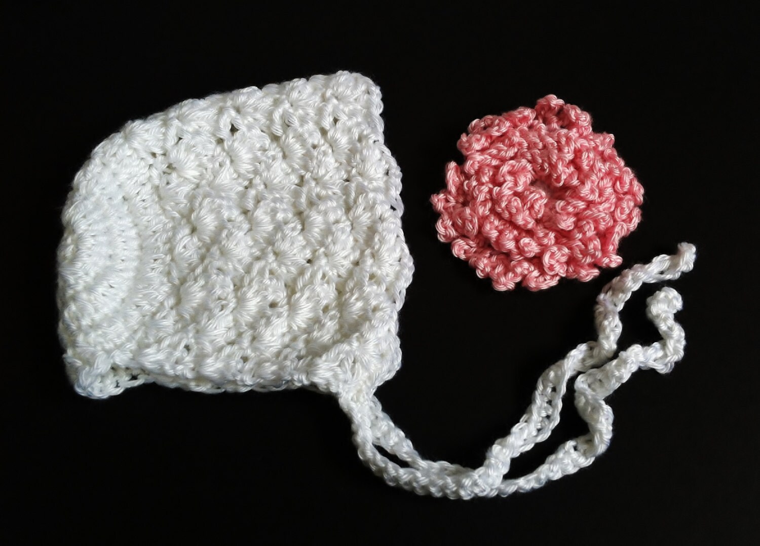 White Crochet Baby Hat With Ties Handmade Old by CrochetMadness4U