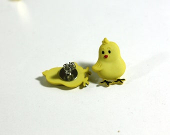 Cute Yellow Baby Easter Chick Post Earrings - Repurposed Button Jewelry - Stud Earrings