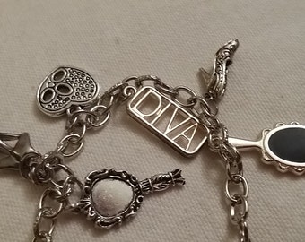 Diva Silver Charm Bracelet adjustable to fit up to 8 inch wrist Charms Extender Chain Fits all Wrist Sizes mirror Shoes Hearts