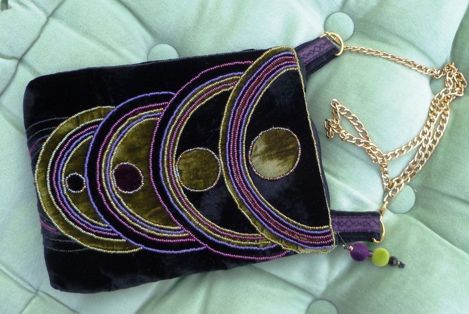 Art Deco style black velvet bead embroidered bag