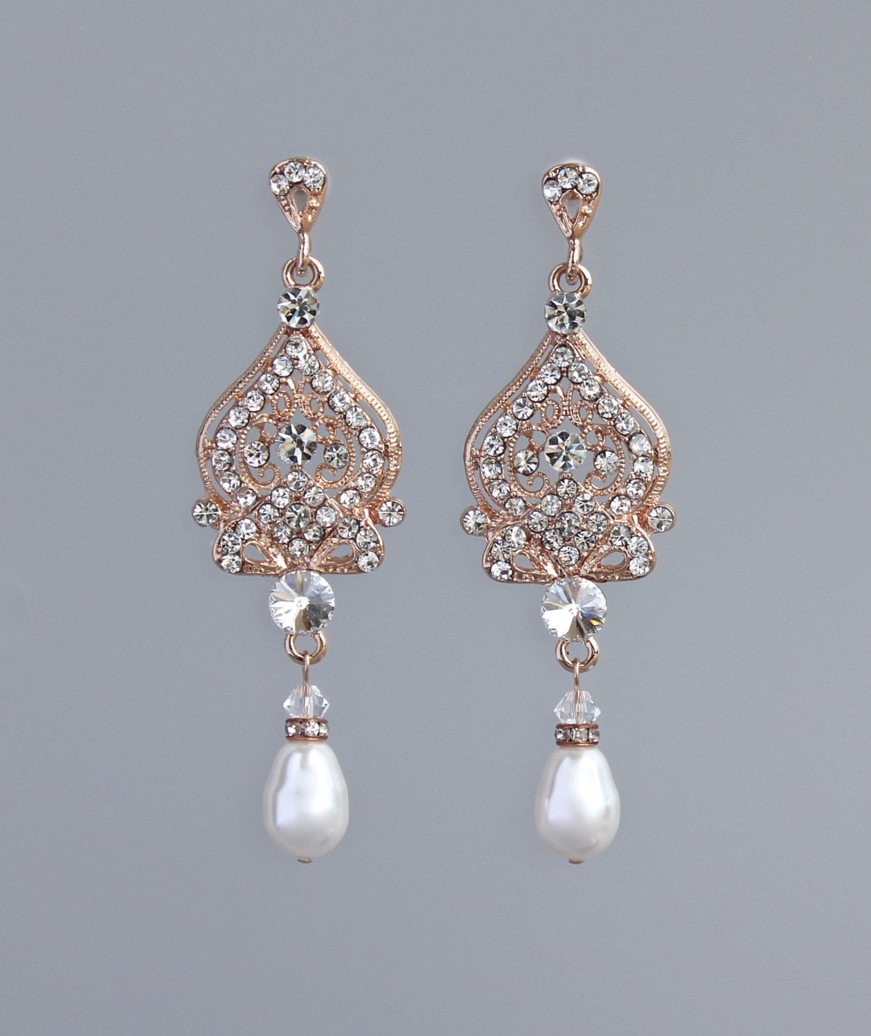 Rose Gold Bridal Earrings Crystal & Pearl Wedding Earrings