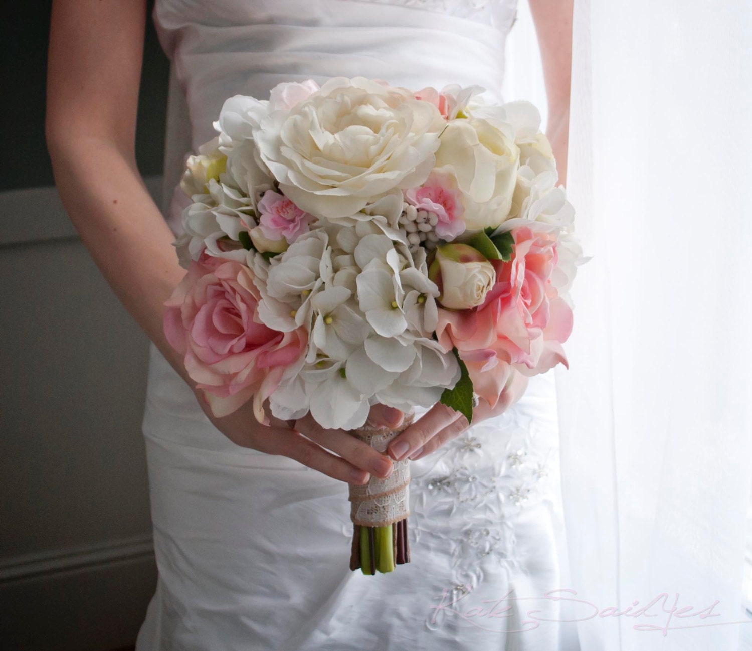 Wedding Bouquet Ivory and Blush Pink Rose and Hydrangea