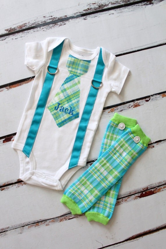 Baby Boy Tie and Suspenders Bodysuit & Leg Warmers. Baby Boy 1st First Birthday Outfit. Aqua Teal Green Plaid. Mustache party. Cake Smash. by ChicCoutureBoutique