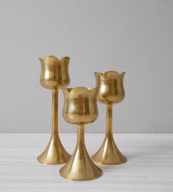 vintage set of solid brass tulip candle holder votives with