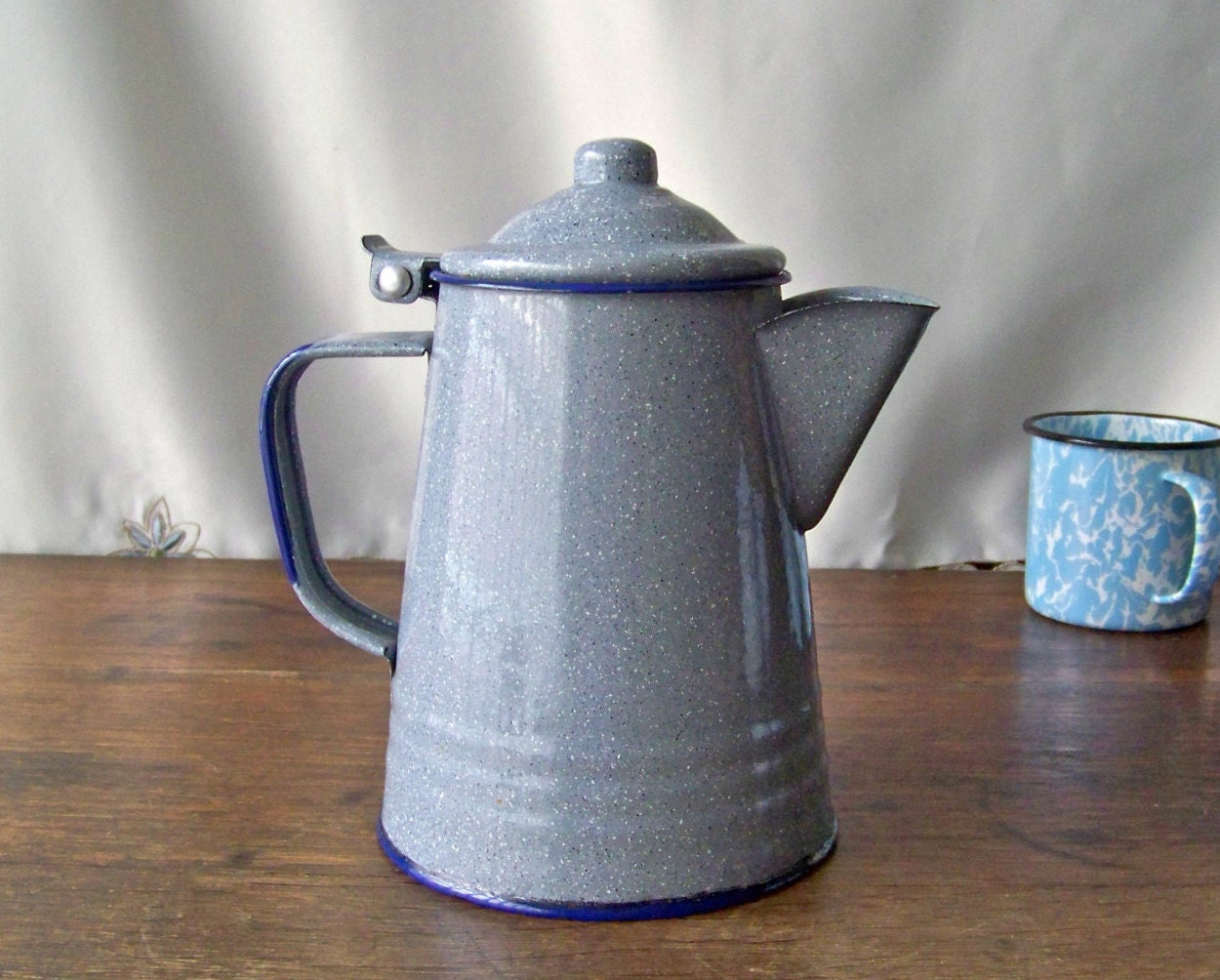 Vintage Enamelware Teapot Grey Graniteware Coffee Pot Camp 3596