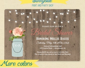 Rustic Mason Jar Shower Invitation - Couple / Bridal / Wedding Shower Invitation - Barnwood & Lights Shower Invite