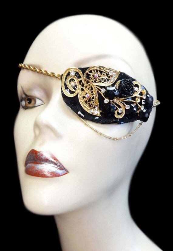 Black Rose Jeweled Rhinestone Fashion Eye Patch Gothic
