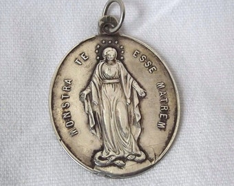 Antique Children of Holy Mary Religious Nun's Medal on 18" sterling silver rolo chain
