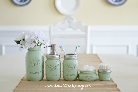 Mason Jar Bathroom Kit. Ball Mason Jars. Rustic Home Decor. Sea Foam Green. Green Farmhouse Bathroom Decor. Bathroom Soap Dispenser. Rustic.