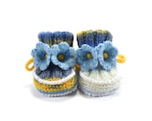 Knitted Baby Booties with Crochet Bell Flowers - Blue, White and Yellow,  3 - 6 months