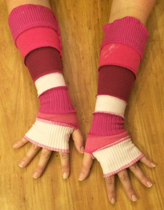 Recycled Arm Warmers Extra Long Pink Arm Worms by Aunty Em