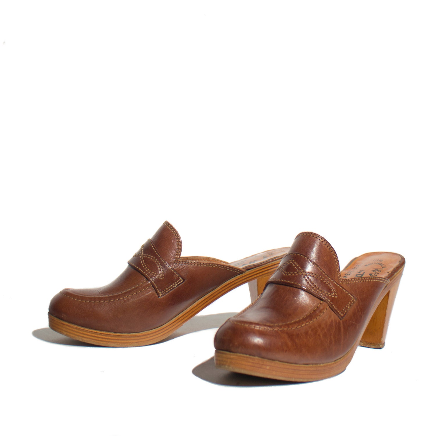 10 B Women's Wooden High Heel Clogs Mules w/ Brown