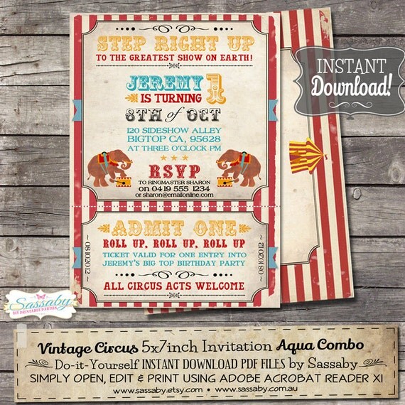 Vintage Circus Invitation - INSTANT DOWNLOAD - Aqua Combo Printable Birthday Invitation by Sassaby Il_570xn