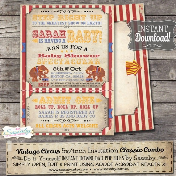 Vintage Circus Baby Shower Invitation - INSTANT DOWNLOAD - Classic Combo Editable & Printable File by Sassaby Il_570xn