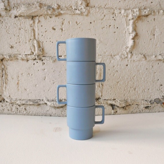 Mugs, Melamine Blue Vintage Four  Set Melmac and mugs cups  Stacking vintage Plastic Cups,