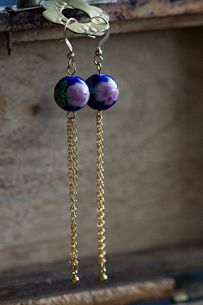Floral Bead Chain Earrings Vintage Ceramic Beads Blue Pink