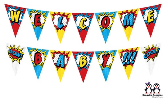 shower baby banner triangle Superhero Printable Welcome by Baby Banner SanguinePenguins Themed