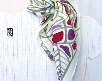 Silk scarf Square, Woman Scarf, Hand painted Silk Scarf, Small Square Scarf, Japan Scarf, Takuyo, Lemon Yellow Japanese Hana Vine, 22x22 in.